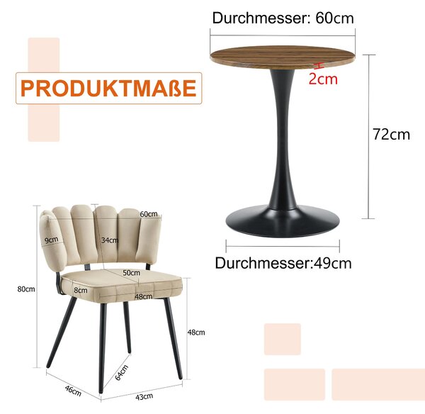 Sada stolku a židlí, kulatý stolek o průměru 60 cm, materiál MDF, 2 látkové židle, opěradlo ve tvaru okvětního lístku (barva světlá káva, ořech + černá)