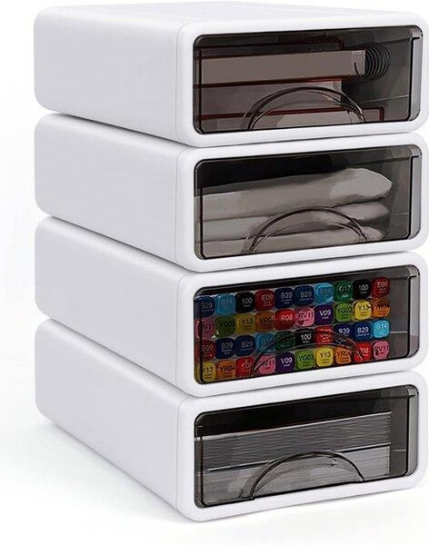 4 kusy stohovatelné zásuvkové úložné boxy, organizér do kanceláře s zásuvkami, plastové úložné boxy pro kancelář, školu, domov, toaletní stolek, pracovní plochu