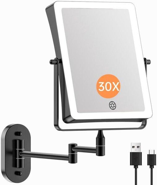 Nabíjecí kosmetické zrcátko s LED osvětlením, kapacita 5000 mAh, zvětšení 1/10, stmívatelné, vhodné pro montáž na zeď, otočné o 360 stupňů, značka Chr