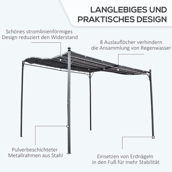 Pergola, krytá konstrukce pro terasu – zahradní altán s obloukovou střechou – 297x297 cm – šedá ocel