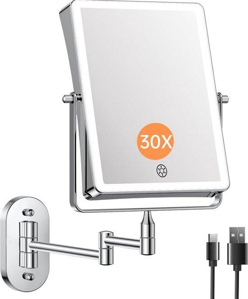 Nabíjecí kosmetické zrcadlo s LED osvětlením, zvětšení 1/10, stmívatelné nástěnné zrcadlo, otočné o 360 stupňů, chromovaný povrch – ideální pro líčení