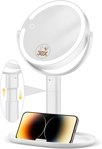 Kosmetické zrcadlo s osvětlením, průměr 7 palců, výškově nastavitelné, oboustranné, s 30násobným zvětšením, 3 barvami světla, 64 LED diodami, ideální