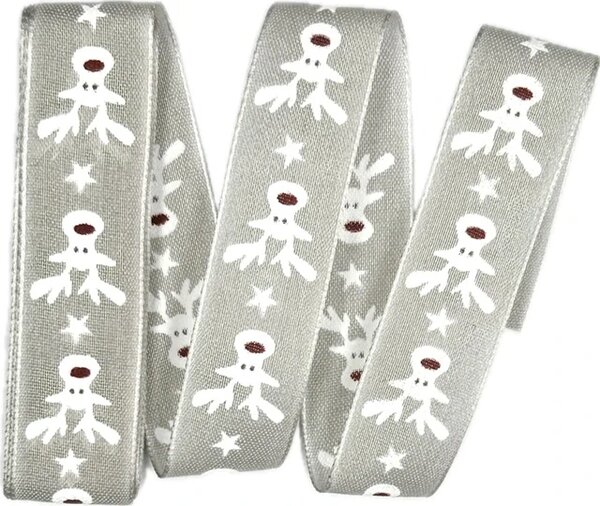 Vánoční stuha bavlněná HAPPY REINDEER pastelově šedá 25mm x 2m (8,50 Kč/m)