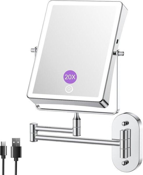Nabíjecí kosmetické zrcátko s 1x/10x zvětšením, 3 úrovněmi intenzity osvětlení, dotykovým ovládáním, otočné o 360° pro montáž na zeď, vhodné pro holení a líčení