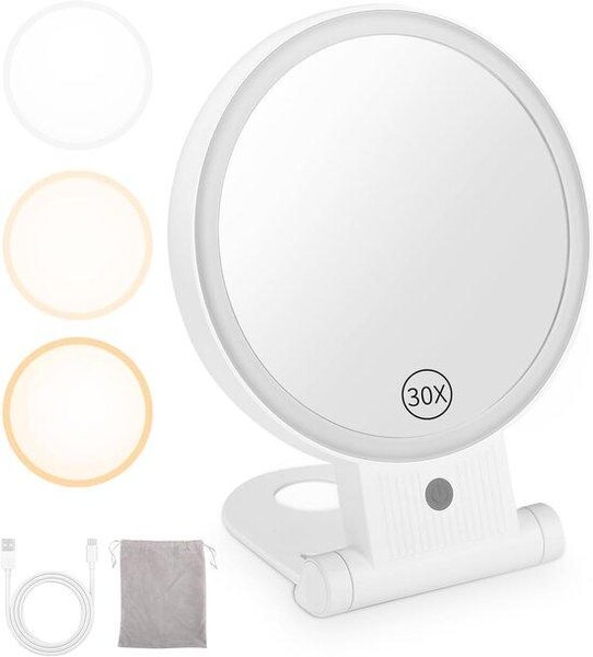 Kosmetické zrcadlo s lupou 30x, s osvětlením, nabíjecí, s 3 režimy osvětlení, otočné o 360°, s přísavkou, přenosné, včetně úložné tašky