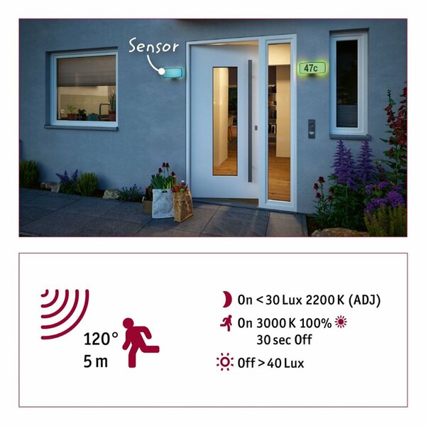 VÝPRODEJ VZORKU PAULMANN LED domovní číslo a svítidlo Smart Home Zigbee Sheera soumrakový senzor IP44 276x73mm RGBW+ 6,5W 230V antracit umělá hmota