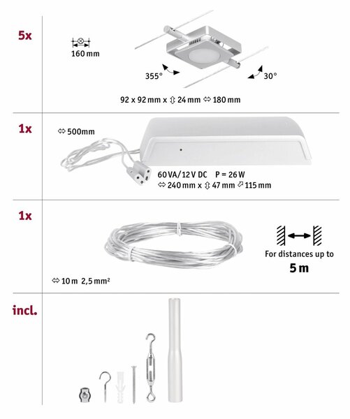 PAULMANN LED lankový systém MacLED základní sada 5x4,5W 3000K 230/12V matný chrom/chrom