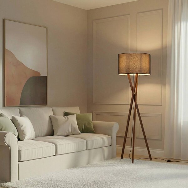 Lucande Stojací lampa Auriane, trojnožka, černá, látka, 160 cm, Tmavé dřevo, Obývací pokoj / jídelna, Textil / tkanina / hedvábí, Skandinávský, Lampa trojnožka