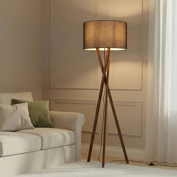 Lucande Stojací lampa Auriane, trojnožka, černá, látka, 160 cm, Tmavé dřevo, Obývací pokoj / jídelna, Textil / tkanina / hedvábí, Skandinávský, Lampa trojnožka