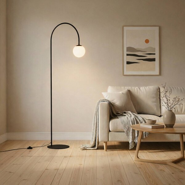 Domiluce Stojací lampa Nova, sklo/kov, černá/bílá, výška 155 cm, Černá, Obývací pokoj / jídelna, kov, Moderní, oblouková lampa