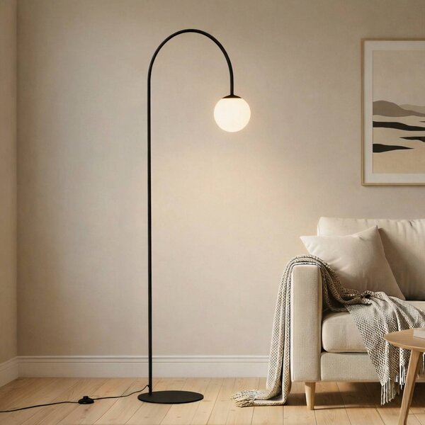 Domiluce Stojací lampa Nova, sklo/kov, černá/bílá, výška 155 cm, Černá, Obývací pokoj / jídelna, kov, Moderní, oblouková lampa