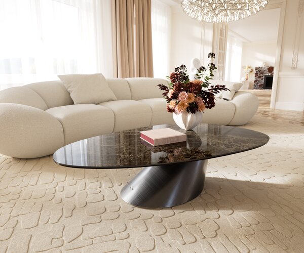 DELIFE Konferenční stolek Edge oválný 140x75 cm keramika Laminam® Emperador Extra Lucidato tmavě hnědá Conis Metallic stříbrná