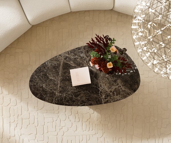 DELIFE Konferenční stolek Edge oválný 140x75 cm keramika Laminam® Emperador Extra Lucidato tmavě hnědá Vibany nerezová ocel broušená