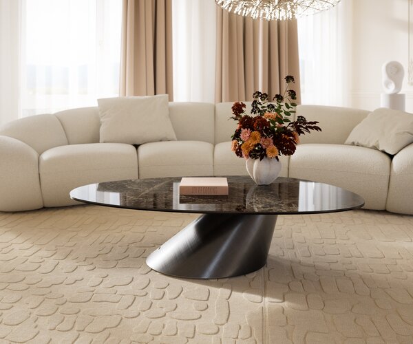DELIFE Konferenční stolek Edge oválný 140x75 cm keramika Laminam® Emperador Extra Lucidato tmavě hnědá Conis Metallic stříbrná