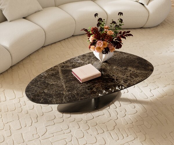 DELIFE Konferenční stolek Edge oválný 140x75 cm keramika Laminam® Emperador Extra Lucidato tmavě hnědá Vibany nerezová ocel broušená