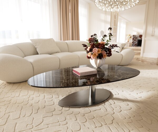 DELIFE Konferenční stolek Edge oválný 140x75 cm keramika Laminam® Emperador Extra Lucidato tmavě hnědá Vibany nerezová ocel broušená