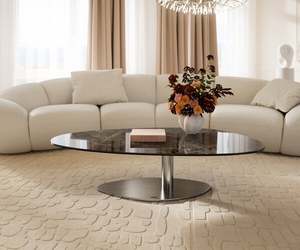 DELIFE Konferenční stolek Edge oválný 140x75 cm keramika Laminam® Emperador Extra Lucidato tmavě hnědá Vibany nerezová ocel broušená