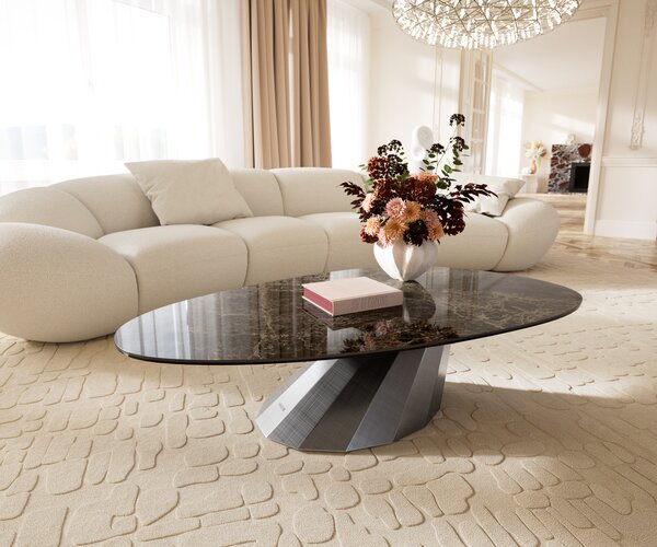 DELIFE Konferenční stolek Edge oválný 140x75 cm keramika Laminam® Emperador Extra Lucidato tmavě hnědá Parabi Metallic stříbrná