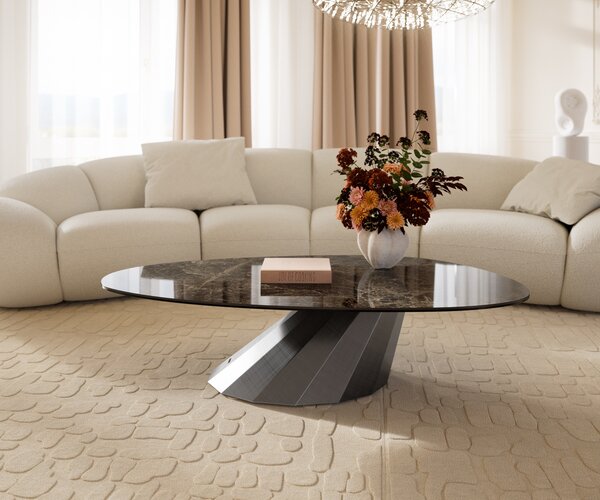 DELIFE Konferenční stolek Edge oválný 140x75 cm keramika Laminam® Emperador Extra Lucidato tmavě hnědá Parabi Metallic stříbrná