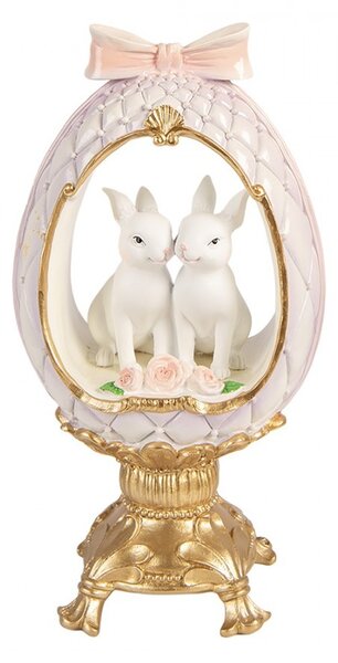 Fialkové vajíčko na podstavci s králíčky a mašlí - 17*12*31 cm - Clayre & Eef