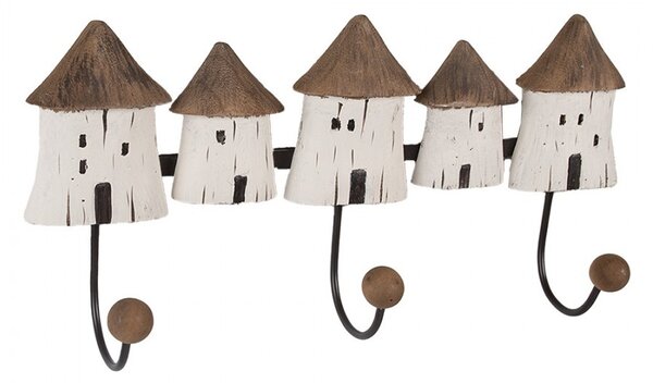 Nástěnný věšák se 3-mi háčky a dřevěnými domečky Rustic - 38*8*19 cm - Clayre & Eef