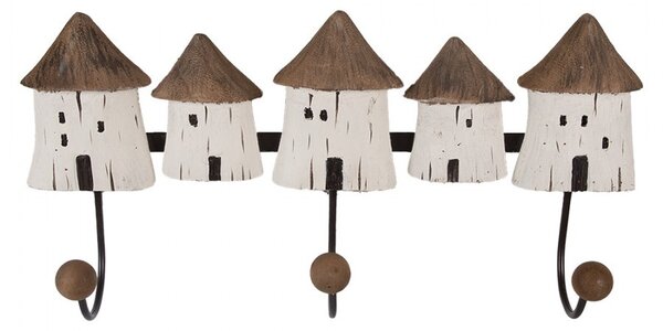 Nástěnný věšák se 3-mi háčky a dřevěnými domečky Rustic - 38*8*19 cm - Clayre & Eef