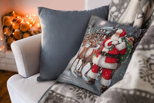 VÁNOČNÍ GOBELÍNOVÁ DEKORAČNÍ POVLAK NA POLŠTÁŘ MERRY4 45X45 CM VZOROVANÁ