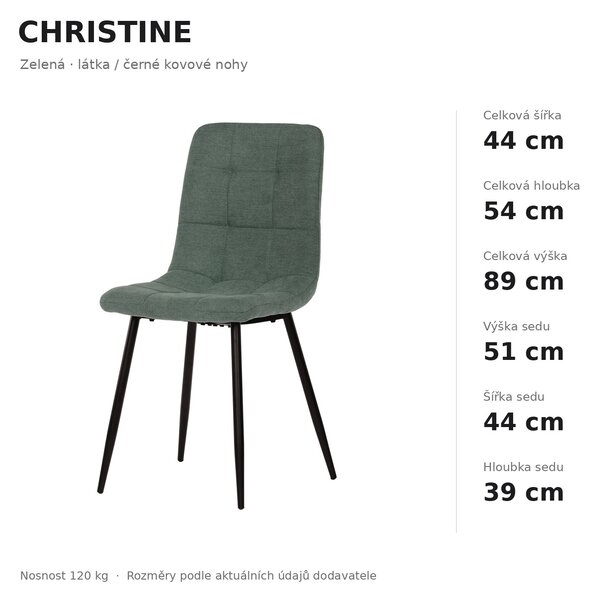 Jídelní židle CHRISTINE - zelená látka / černé kovové nohy