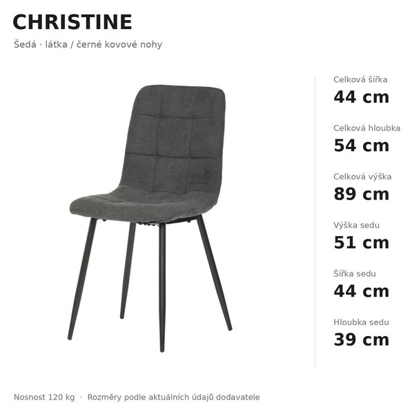 Jídelní židle CHRISTINE - šedá látka / černé kovové nohy