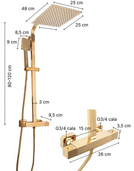 Erga Goba, sprchová souprava s termostatickou baterií a dešťovou hlavicí 25x25 cm, zlatá lesklá, ERG-YKA-BP.GOBA-THERM-25-GLD