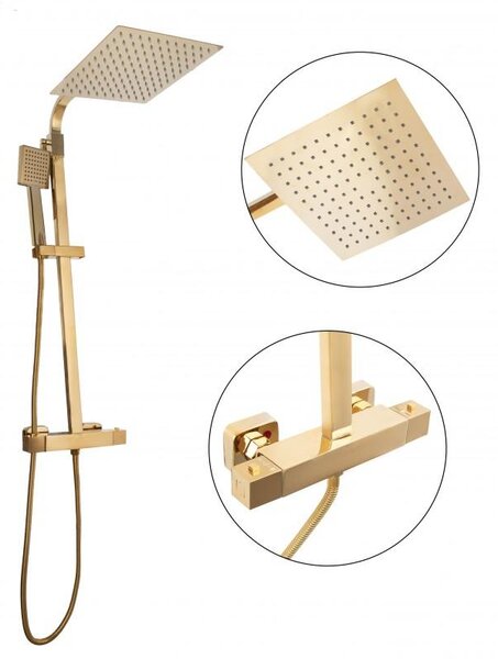 Erga Goba, sprchová souprava s termostatickou baterií a dešťovou hlavicí 25x25 cm, zlatá lesklá, ERG-YKA-BP.GOBA-THERM-25-GLD