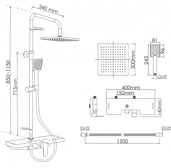 Erga Oslo, sprchová souprava s pákovou baterií, policí a dešťovou hlavicí 30x30 cm, černá matná, ERG-YKA-BP.OSLO-30-BLK