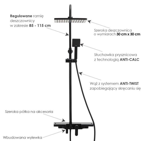 Erga Oslo, sprchová souprava s pákovou baterií, policí a dešťovou hlavicí 30x30 cm, černá matná, ERG-YKA-BP.OSLO-30-BLK