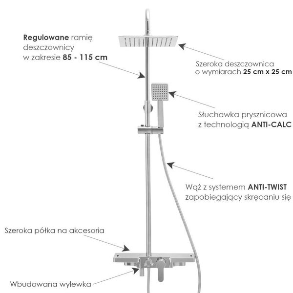 Erga Oslo, sprchová souprava s pákovou baterií a policí, chromová, ERG-YKA-BP.OSLO-25-CHR