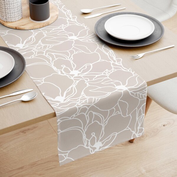 Goldea běhoun na stůl 100% bavlněné plátno - bílé květy na světle béžovém 35x140 cm