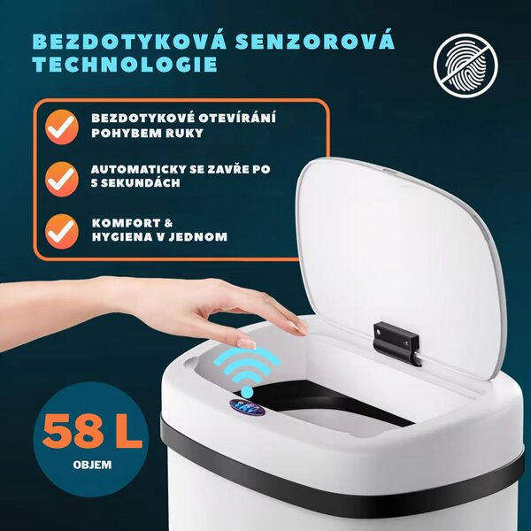 Senzorový odpadkový koš DEUS, 58 litrů, bílá Jurhan