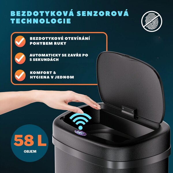 Senzorový odpadkový koš DEUS, 58 litrů, černá Jurhan