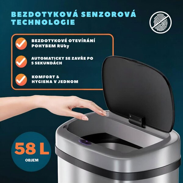 Senzorový odpadkový koš DEUS, 58 litrů, stříbrná Jurhan