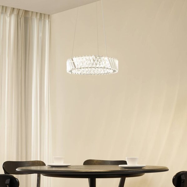 Lucande LED závěsné světlo Glacis, křišťál, Ø 40 cm, chrom, Čirá / transparetní, Obývací pokoj / jídelna, Sklo, Design