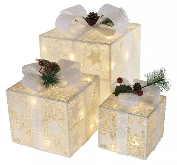 DCFC27 Vánoční LED dárky s ozdobou, 3 velikosti, vnitřní, teplá bílá