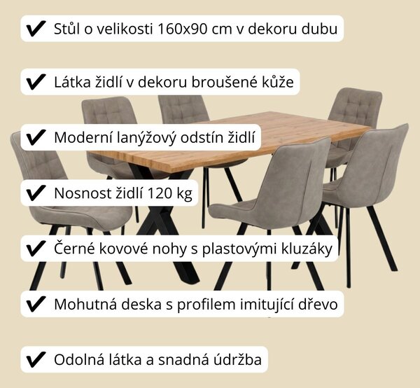Vikio Jídelní set pro 6 osob 160x90 cm dub-béžová VJS116-61L