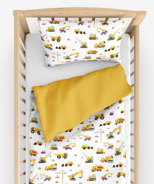 Goldea dětské bavlněné povlečení do postýlky duo - nákladní auta a bagry s medově žlutou 90 x 140 a 50 x 70 cm