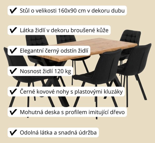 Vikio Jídelní set pro 6 osob 160x90 cm dub-černá VJS116-61C