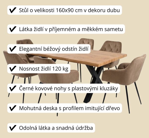 Vikio Jídelní set 6+1 160x90 cm dub, béžová VJS136-6BE