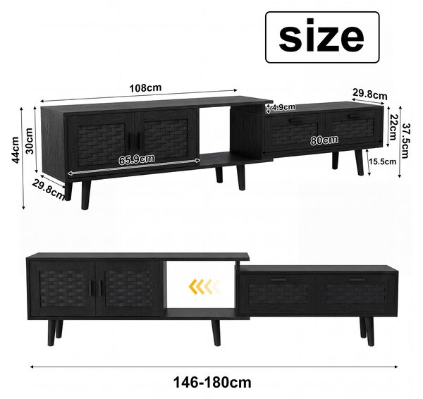 Televizní skříňka Moonbite, výška 146–180 cm, nastavitelná, imitace ratanu, černá