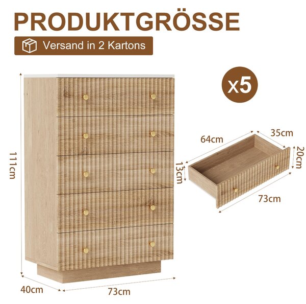 Komoda Moonbite s 5 zásuvkami v dubovém provedení s LED osvětlením, 73 x 40 x 111 cm