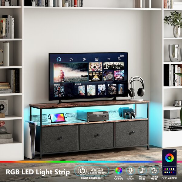 Moderní LED TV stolek, dřevo, 3 zásuvky, černý látkový vzor, úložný prostor, nastavitelné nožičky, 137 x 29,8 x 78 cm, černá barva
