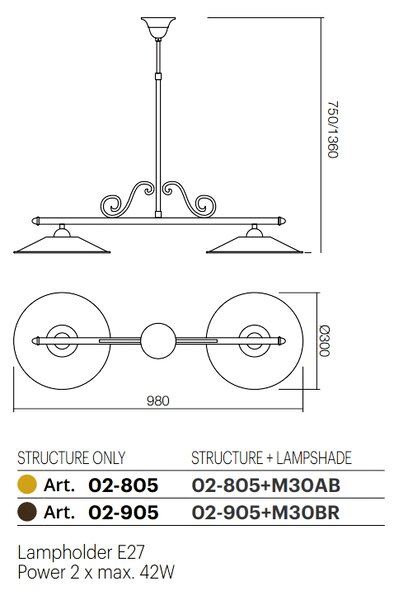 Incanti Rustikální závěsné svítidlo Lea, ø 30 cm, 2 x E27 Barva: Mosaz