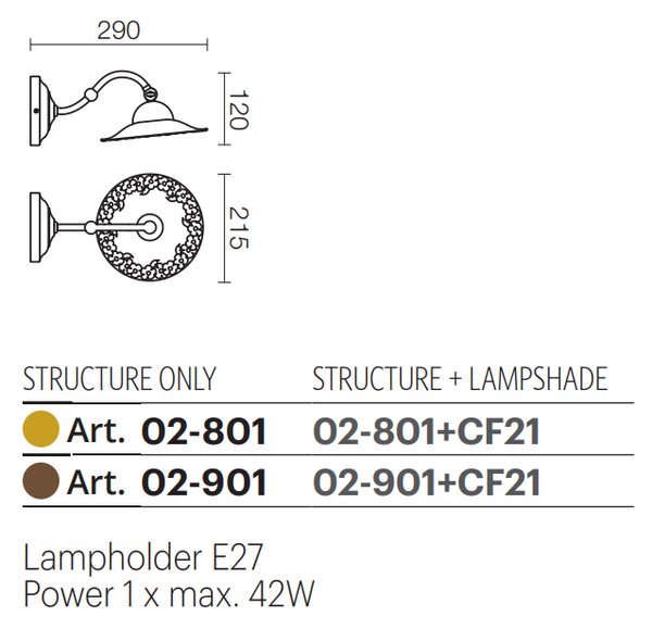 Incanti Rustikální nástěnné svítidlo Lea, ø 21,5 cm, keramické Barva: Mosaz
