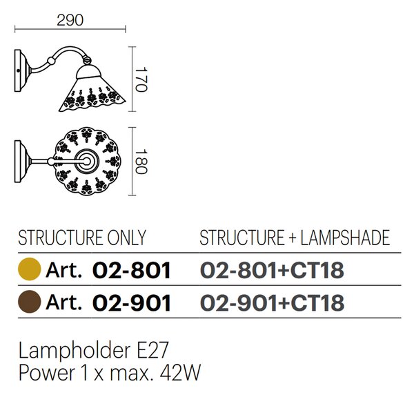 Incanti Rustikální nástěnné svítidlo Lea 02, ø 18 cm, keramické Barva: Bronz